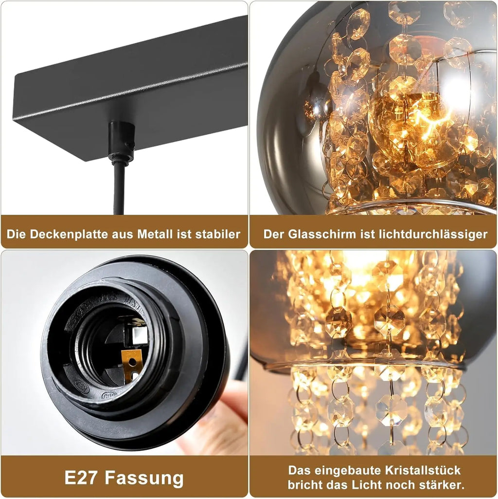 Pendant lamp dining table hanging lamp E27 hanging lamp 4 Flame glass dining room lamp Vintage dining table lamp Smoke gray dining room pendant lamp for living room bedroom kitchen (without illuminant