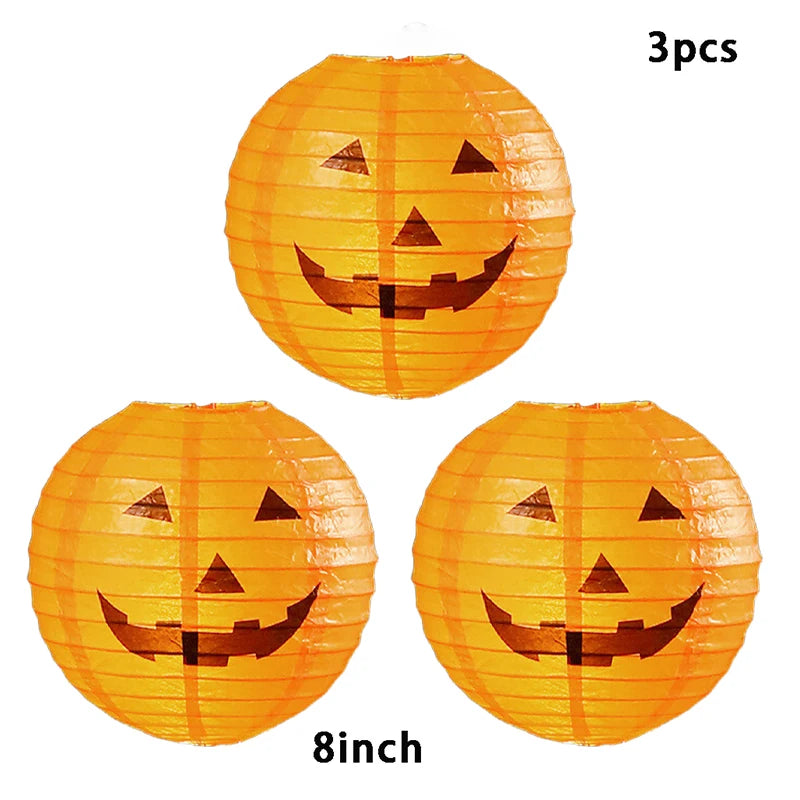 1-10pcs 8 Inch Halloween Pumpkin Paper Lanterns Hanging Folding Haunted House Horror LED 3D Props Holiday Party Ghost Lamp Decor