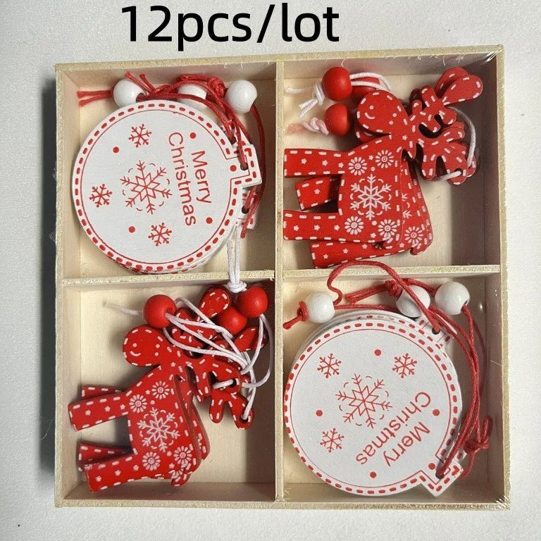 12Pcs/lot Merry Christmas Tree Decoration Wooden Hanging Pendant elk bells snowflake Xmas Ornaments New Year Home Decor Gifts