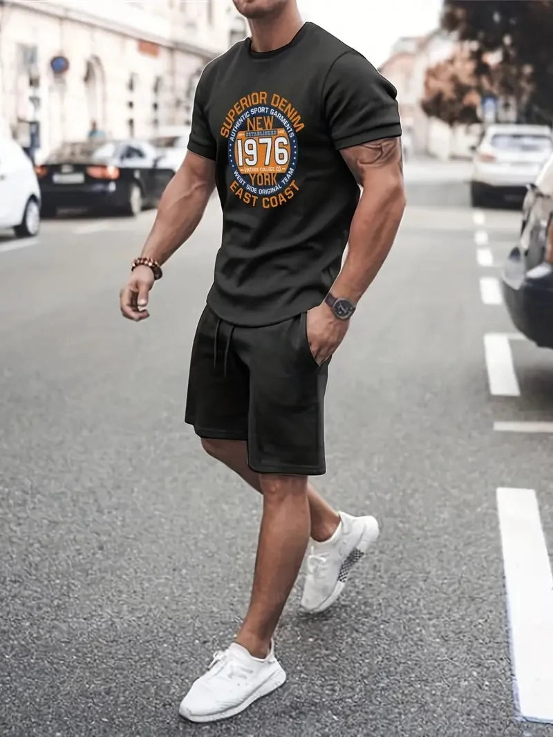 New Men's Two-Piece Plaid Print Fashion Men's Suit Summer O-Collar Short-Sleeved Polo Shirt + Shorts Two-Piece Men's Suit