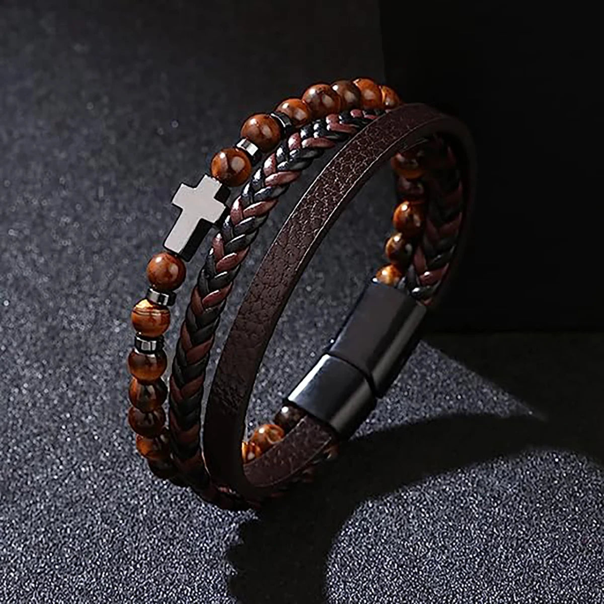 Vintage Multi-Layer Leather Bracelet Men Punk Cross Charm Tiger Eye Stone Beads Bracelet Fashion Braided Wrap Wristbands Jewelry
