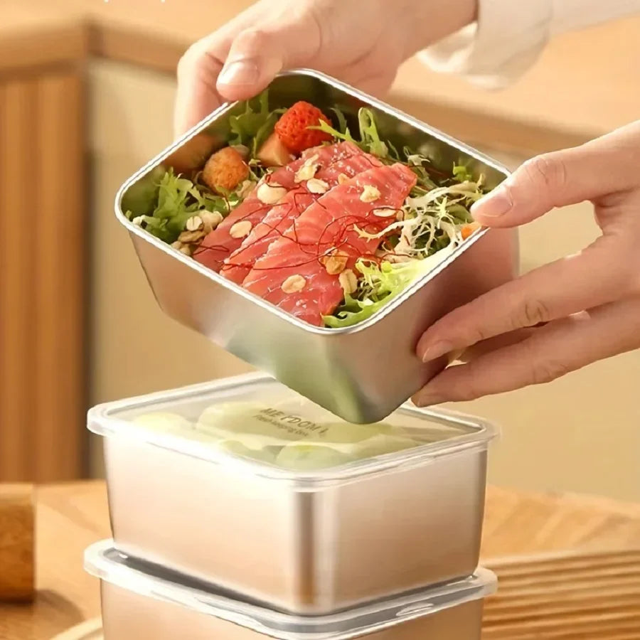 Stainless Steel Fresh-Keeping Box with Sealed Lid, Thickened Small Lunch Box, Camping Food Packaging and Storage Box