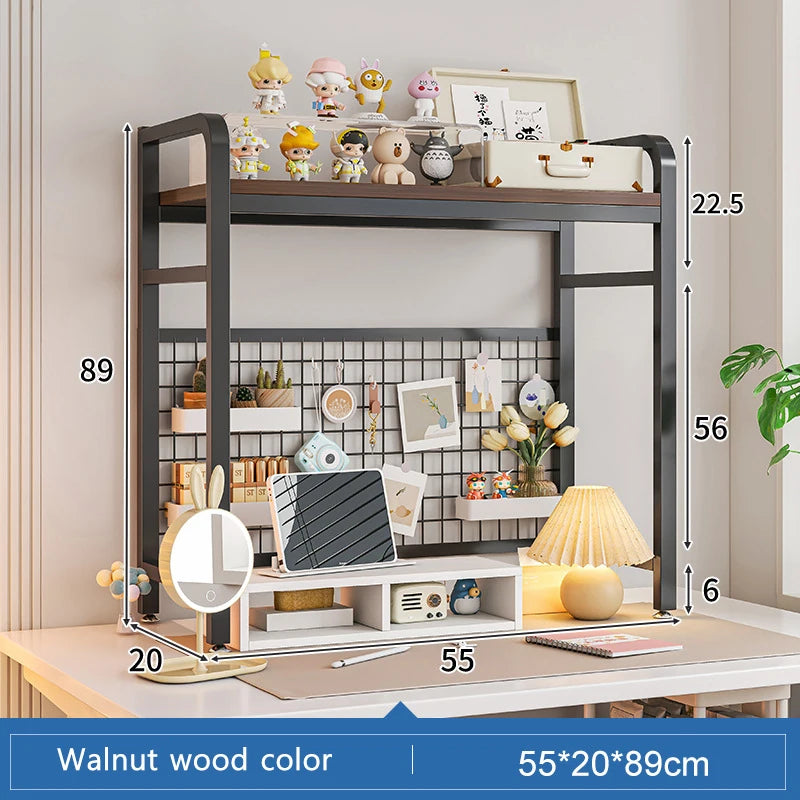 Bookcase With Grid Bookshelf Desktop Multi-layer Wrought Iron Shelf Student Computer Desk Table Hole Board Table Wooden Shelves