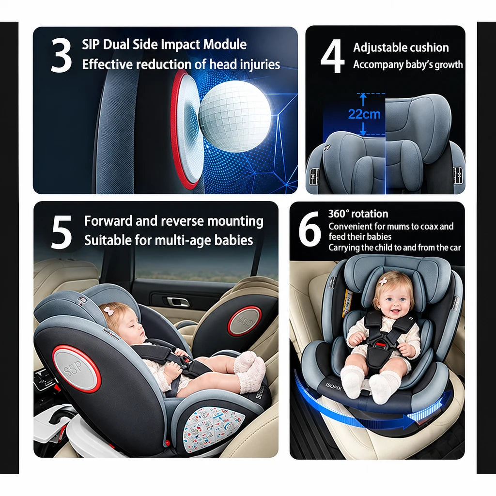 360° Swivel Baby Car Seat with Easy In Out Rotation ISOFIX I-Size R129 Child Seat 40-150cm 10-Position Headrest 4 Recline Angles Thick Padded Seat Side Impact Protection Rearward & Forward Facing for Infant Toddler Kids