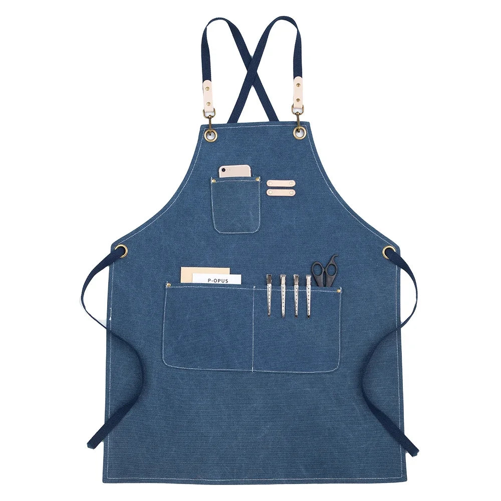 Grembiule da cucina in tela resistente, grembiule da lavoro da barbiere, unisex, con cinghie incrociate regolabili, grembiule con pettorina in ecopelle per parrucchiere da uomo