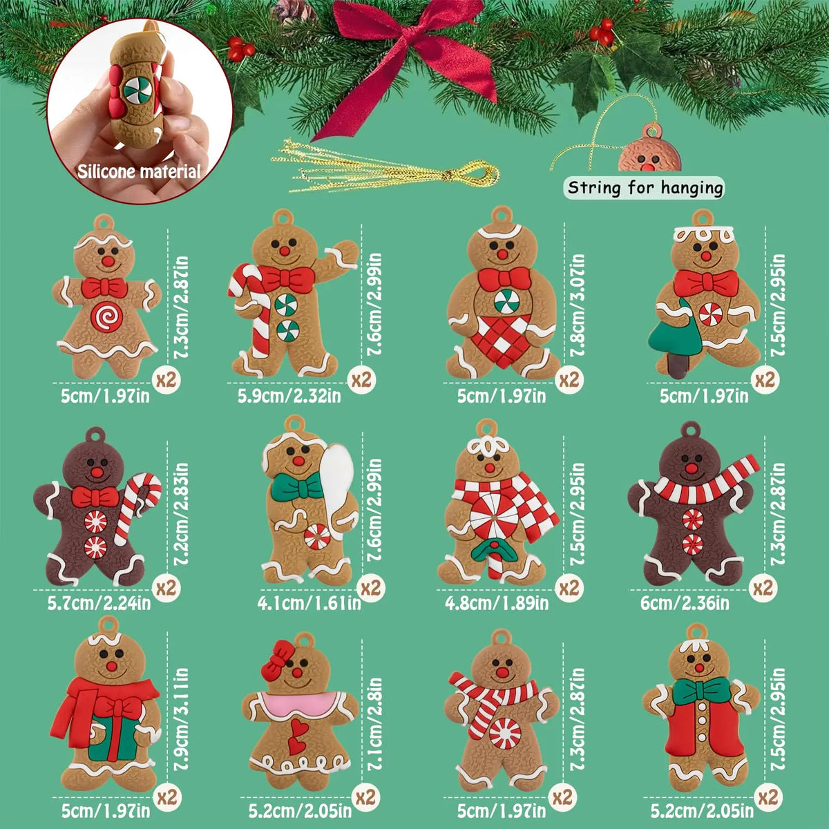 12 Pcs Gingerbread Man Ornaments for Christmas Tree,Assorted Gingerbread Figurines Ornaments, Christmas Tree Hanging Decorations