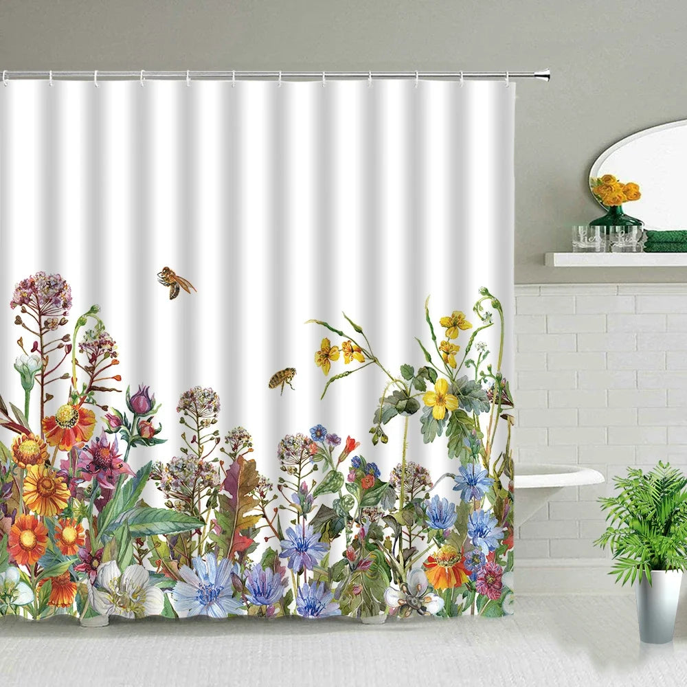 Rose Butterfly White Flower Shower Curtain Floral Print Waterproof Polyester Bathroom Curtain Fabric For Bathtub Decoration