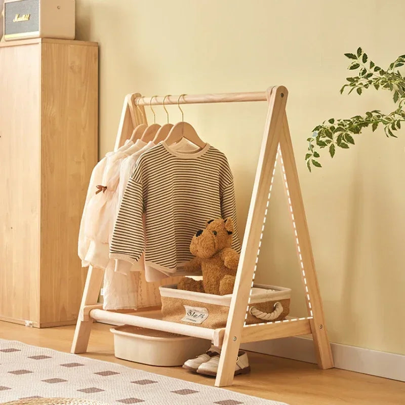 Kids Solid Wood Folding Clothes Rack Simplistic Design Effective Coat Hanging Solution with Landing Rod Adaptable Use Stylish