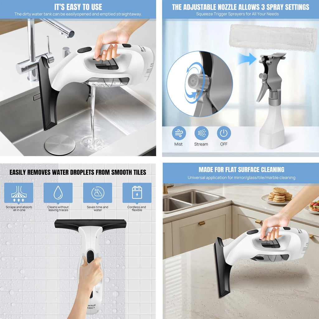 Cordless Window Vac Rechargeable Vacuum Cleaner Compact Electric Glass Window Cleaner 2IN1, with 300ml Spray Bottle