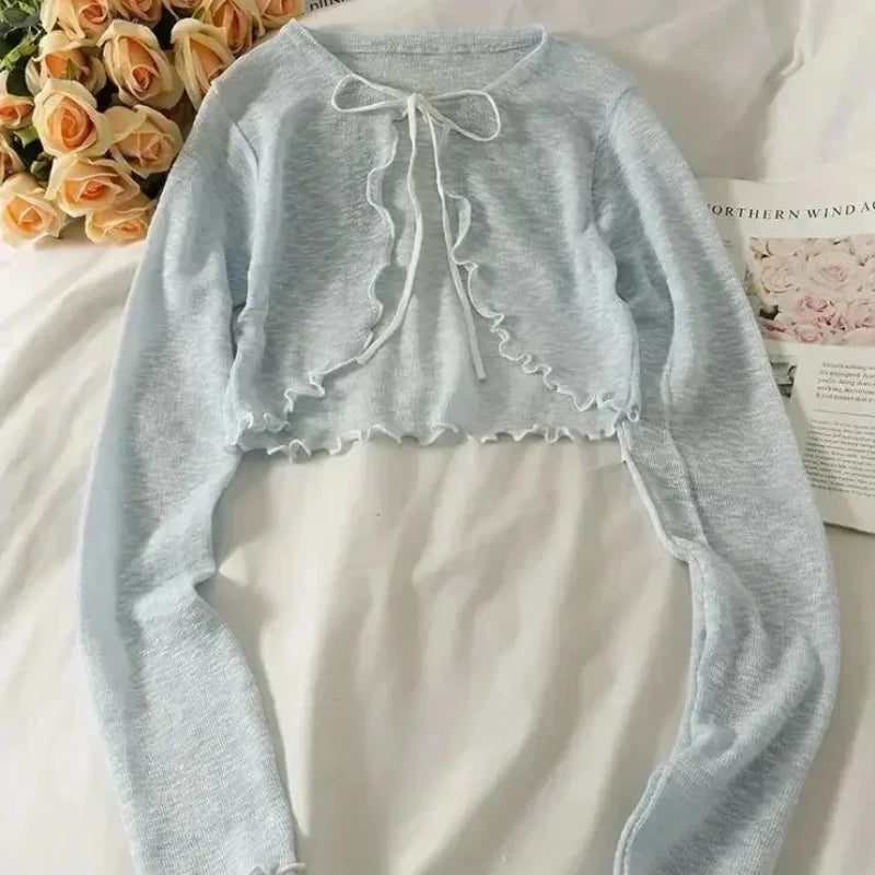 Summer Women Thin Sunscreen Cardigan Lace-up Knitwear Tops Female Korean Style Lantern Sleeve Short Coat Casual Sun Protected
