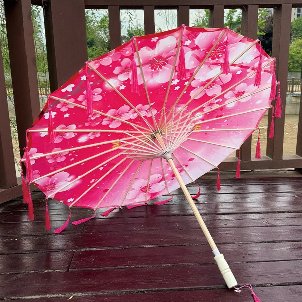 70cm Silk Fabric Tassel Umbrella Handheld Chinese Style Ancient Dance Umbrella Rainproof Decorative Classical Oil Paper Umbrella