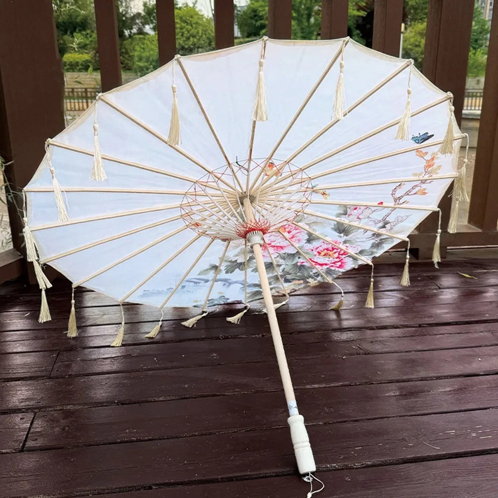 70cm Silk Fabric Tassel Umbrella Handheld Chinese Style Ancient Dance Umbrella Rainproof Decorative Classical Oil Paper Umbrella