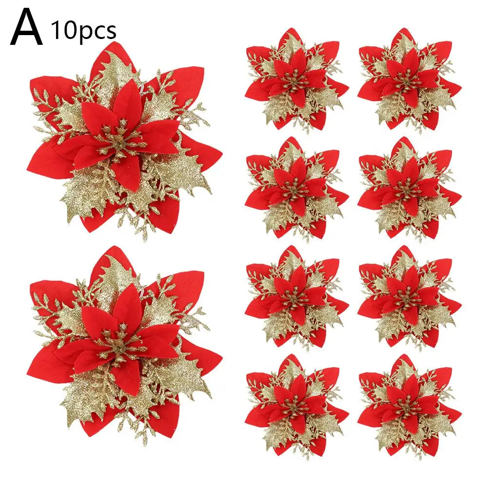 10Pcs Glitter Artificial Christmas Flowers Merry Christmas Tree Decoration Happy New Year Ornaments Xmas Flowers Decor