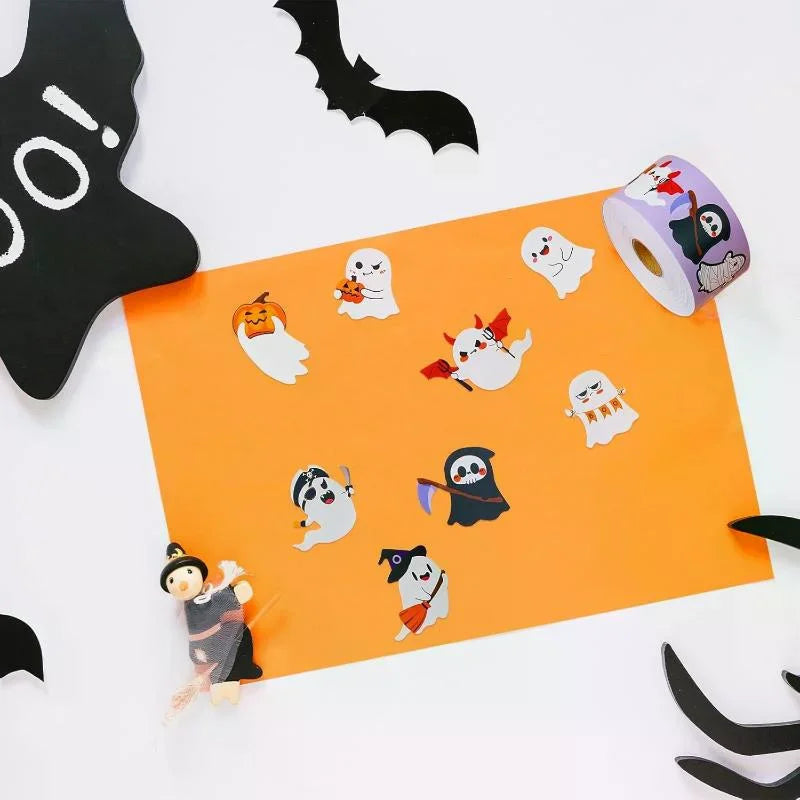 Halloween Decor - 500Pcs/Roll Funny Stickers with Pumpkin, Ghost, Skull, Spider, Bat Design for Phone Graffiti