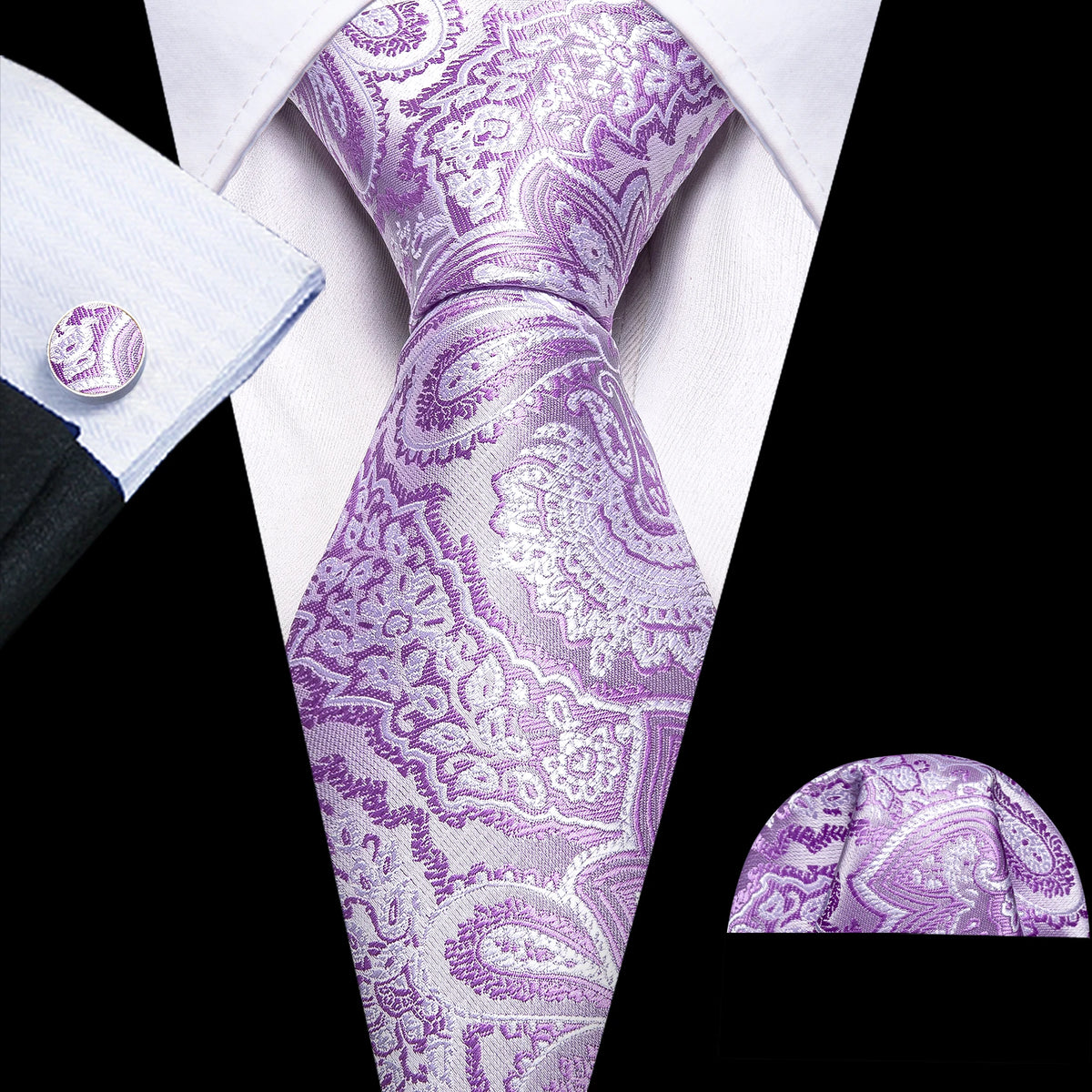 Male Gift Men Tie Set Purple Violet Solid Paisley Striped Wedding Business Tie for Man Necktie Handky Cufflinks Barry.Wang