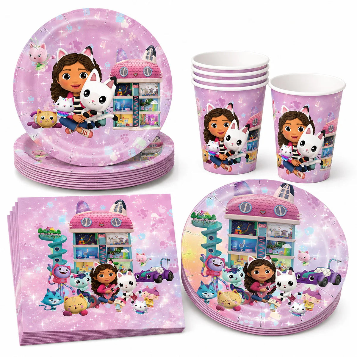 Pink Gabby Dollhouse Birthday Tableware Cat Girls Disposable Plates Cups Napkins Kids Girls Birthday Party Baby Shower Decor