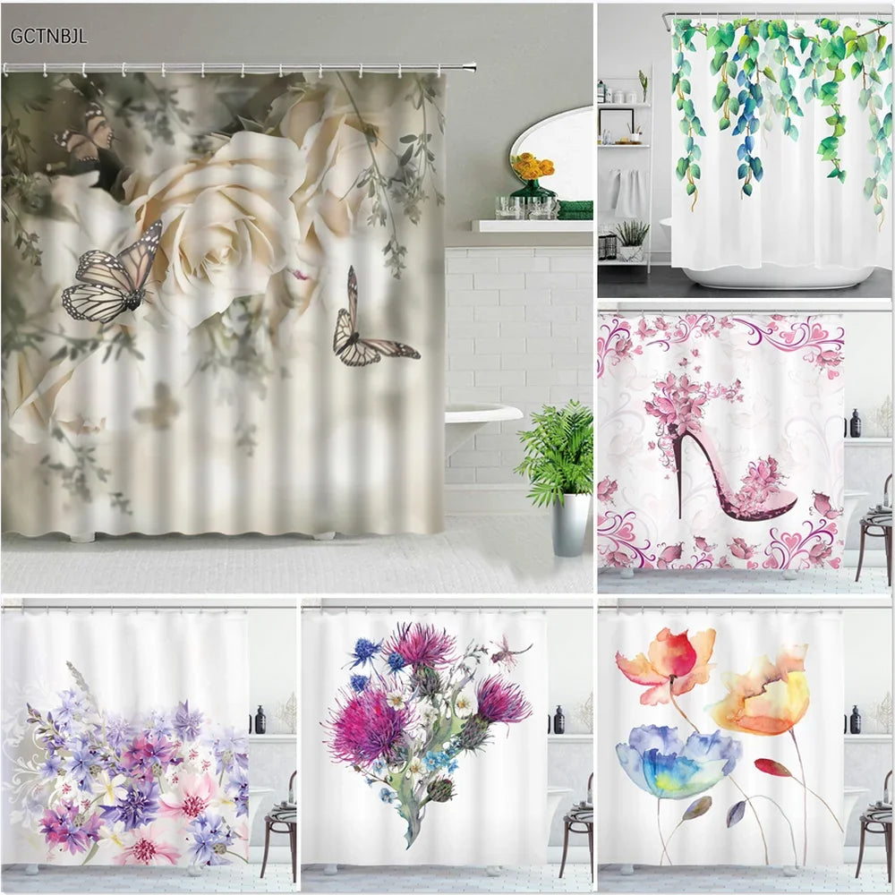 Rose Butterfly White Flower Shower Curtain Floral Print Waterproof Polyester Bathroom Curtain Fabric For Bathtub Decoration