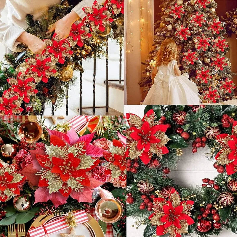 Glitter Pink Christmas Flowers Xmas Tree 14cm Artifical Flower Ornaments  Merry Christmas Decoration For Home New Year