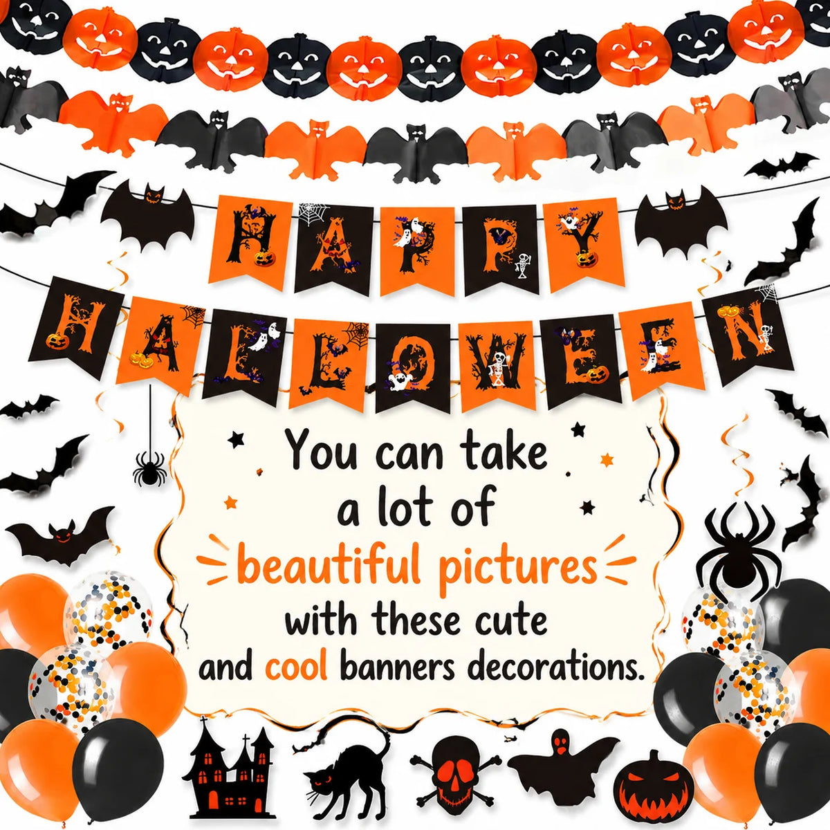 Halloween Decorations, Party Supplies Set Includes Happy Halloween Banner Skeleton-Themed Bunting Garland Wall Stickers Party