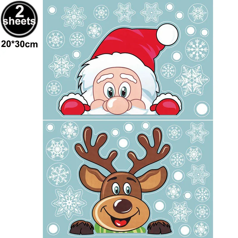 Christmas Window Stickers Santa Claus Reindeer Snowflake Static Window Clings Merry Christmas Glass Decals New Year Party Decors