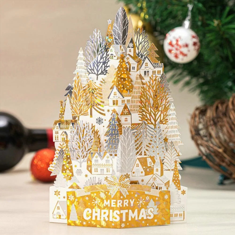 Paper Christmas 3D Greeting Card Gold Plated with Envelope Merry Christmas Blessing Cards Ornaments Craft Paper Carving Postcard