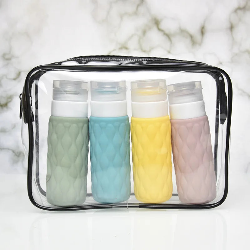 4pcs 100ml Silicone Travel Bottles Set for Toiletries Leak Squeezable for Cosmetic Shampoo Cream Conditioner Lotion Soap