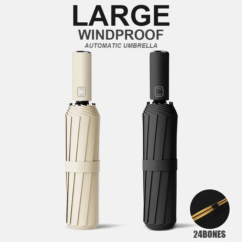 Large 24-Rib Solid Color Automatic Umbrella, Lightweight Collapsible Oversized Outdoor Sunshade with UV Protection
