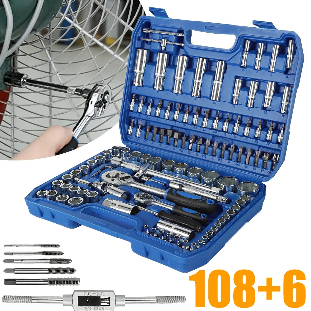Ratchet Socket Wrench Set 108pcs With Tap and Tap Wrench Car Repair Tool Sets Ratchet Torque Wrench Combo Kit Ratchet Spanner Screwdriver Bits Hand Tool