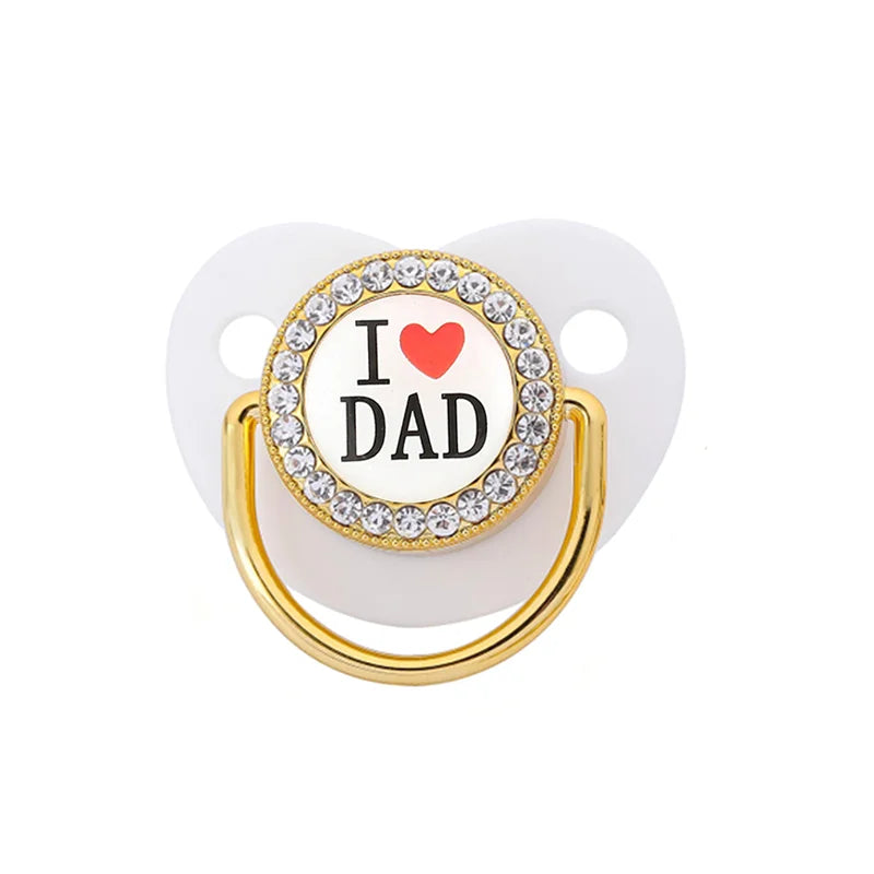 Newborn Pacifier Baby Shower Gift Bling Baby Dummy Silicone BPA Free Infant Nipple New Born Pacifiers For Babies I Love Mum Dad