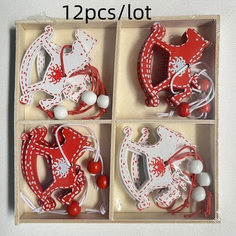 12Pcs/lot Merry Christmas Tree Decoration Wooden Hanging Pendant elk bells snowflake Xmas Ornaments New Year Home Decor Gifts