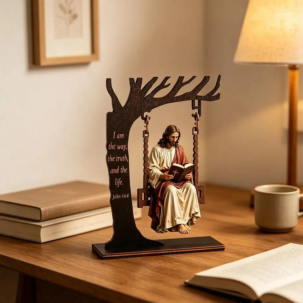 Christian Jesus Swing Tabletop Decoration Wooden Tree Frame With Bible Verse Religious Figurine Faith Home Desktop Ornament