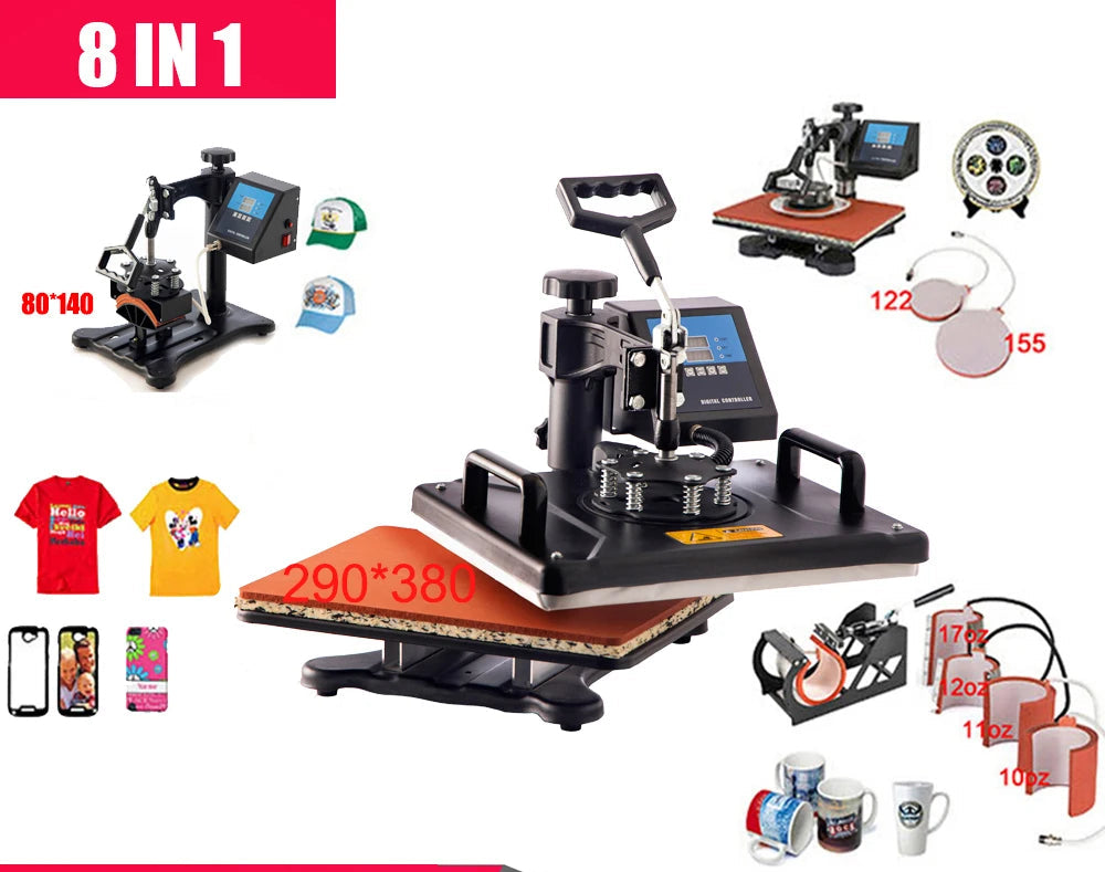 Cheap 30*38CM 8 in 1 Combo Heat press Machine Sublimation Printer 2D Heat Transfer Machine for Cap Mug Plate Tshirts CE Approved