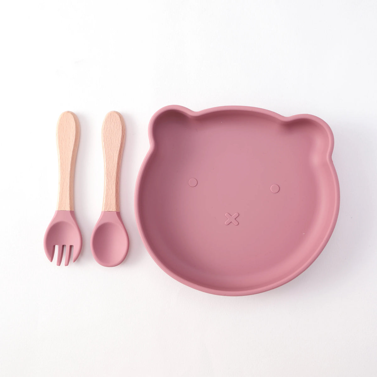 Color Kids 3PCS Cartoon Bear Silicone Feeding Set Sucker Bowl Wooden Handle Spoon Fork BPA Free Infant Self Feeding Gifts