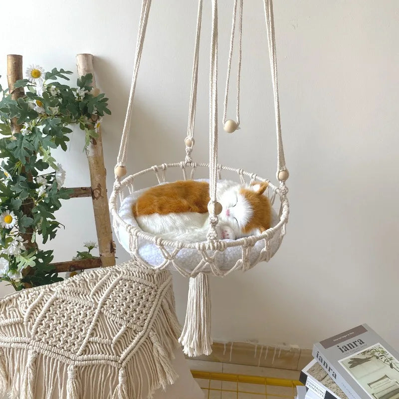 Winter Pet Hammock Cat Swing Hand-Woven Cotton Rope Cat Hanging Basket Kitten Hanging String Den Indoor Hanging Nest Pet Supplies