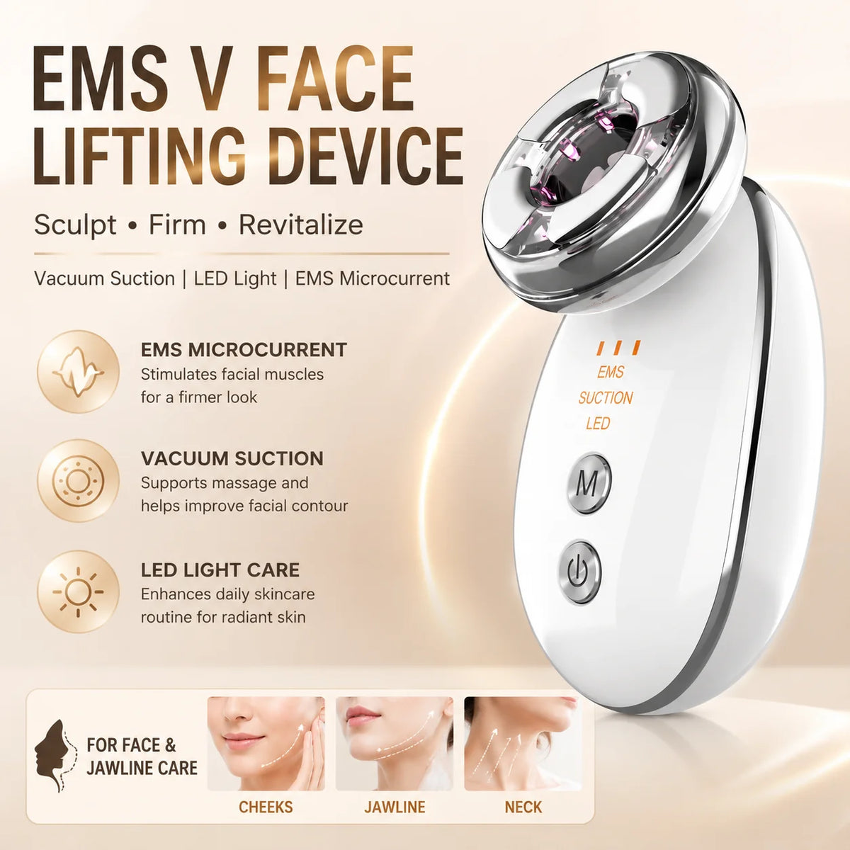 EMS V Face Lifting Device Electric Facial Massager Vacuum Suction Skin Tightening Jawline Sculpting Beauty Tool for Women