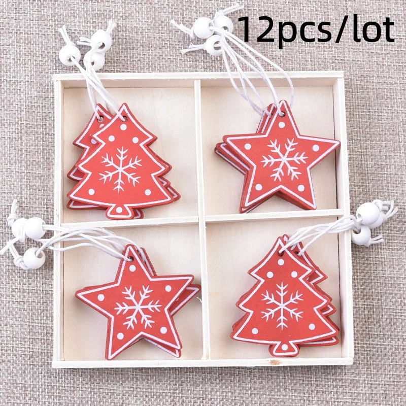 12Pcs/lot Merry Christmas Tree Decoration Wooden Hanging Pendant elk bells snowflake Xmas Ornaments New Year Home Decor Gifts