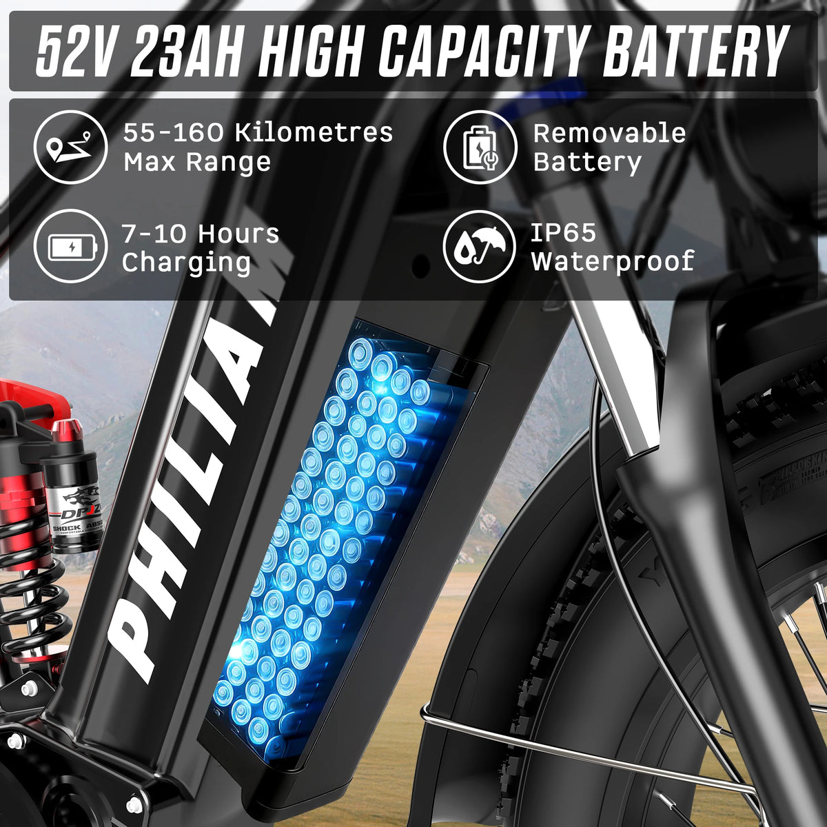 PHILIAM E-bike 3000W Dual Motor 52V 23AH Battery 60KM/H Fat Tire Electric Bike 7-Speed 4-Piston Hydraulic Brakes Adult Electric Bicycle