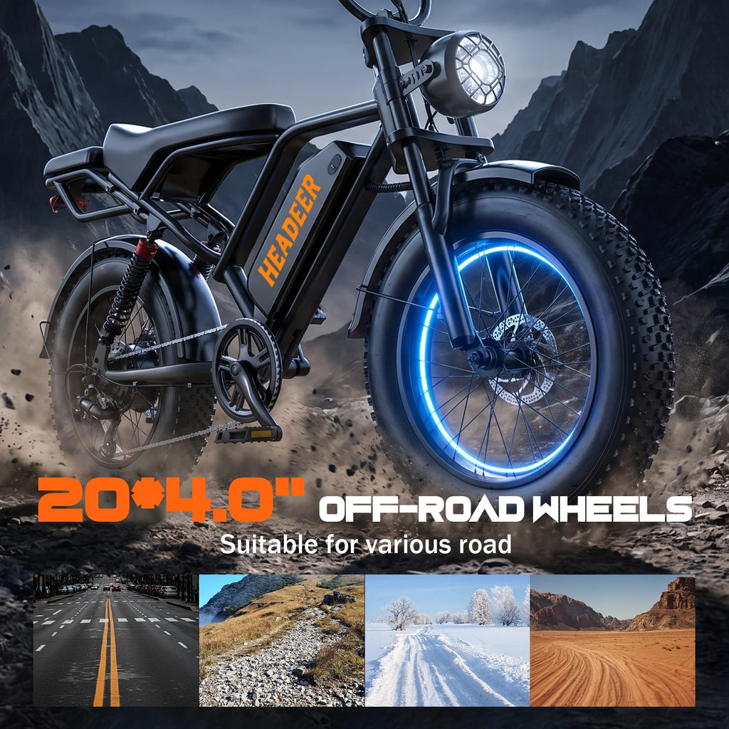HEADEER BK20 Electric Bike 48V20Ah Lithium Battery, Max Range 80Km, 20" Off-Road Fat Tires All‑terrain E-Bike with APP