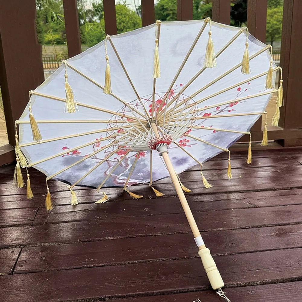 70cm Silk Fabric Tassel Umbrella Handheld Chinese Style Ancient Dance Umbrella Rainproof Decorative Classical Oil Paper Umbrella