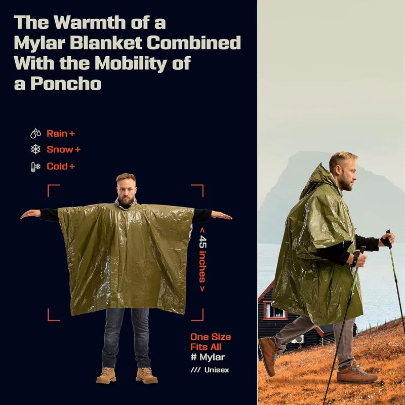 Disposable Aluminum Reflective Poncho Waterproof Windproof Thermal Insulation Rain Coat Anti-Hypothermia Survival Gear for Hikin