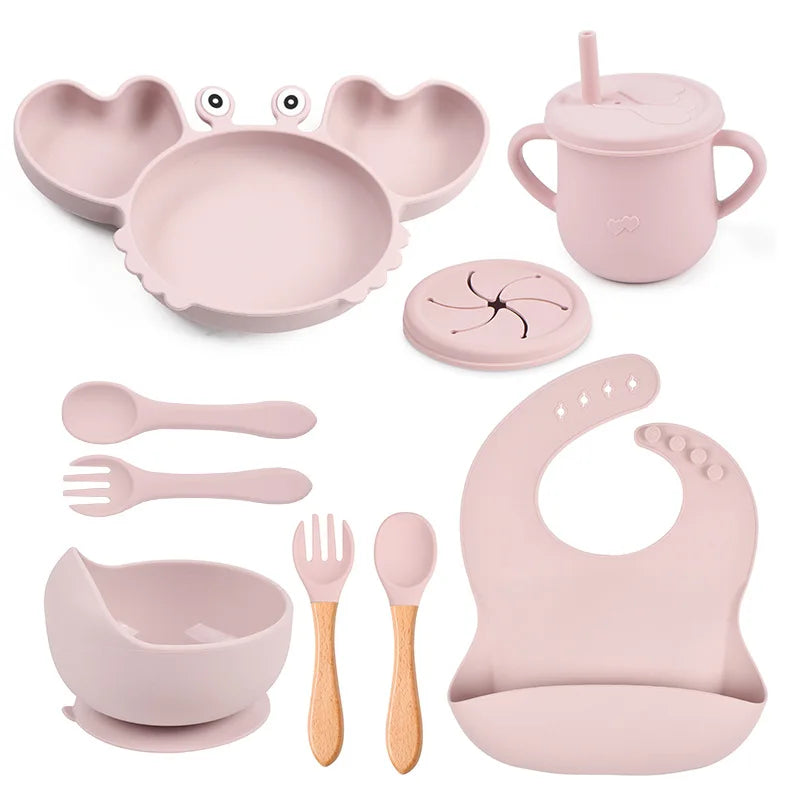 9Pcs Baby Silicone Non-Slip Suction Bowl Plate Spoon Waterproof Bib Cup Set Baby Crab Dishes Food Feeding Bowl for Kids BPA Free
