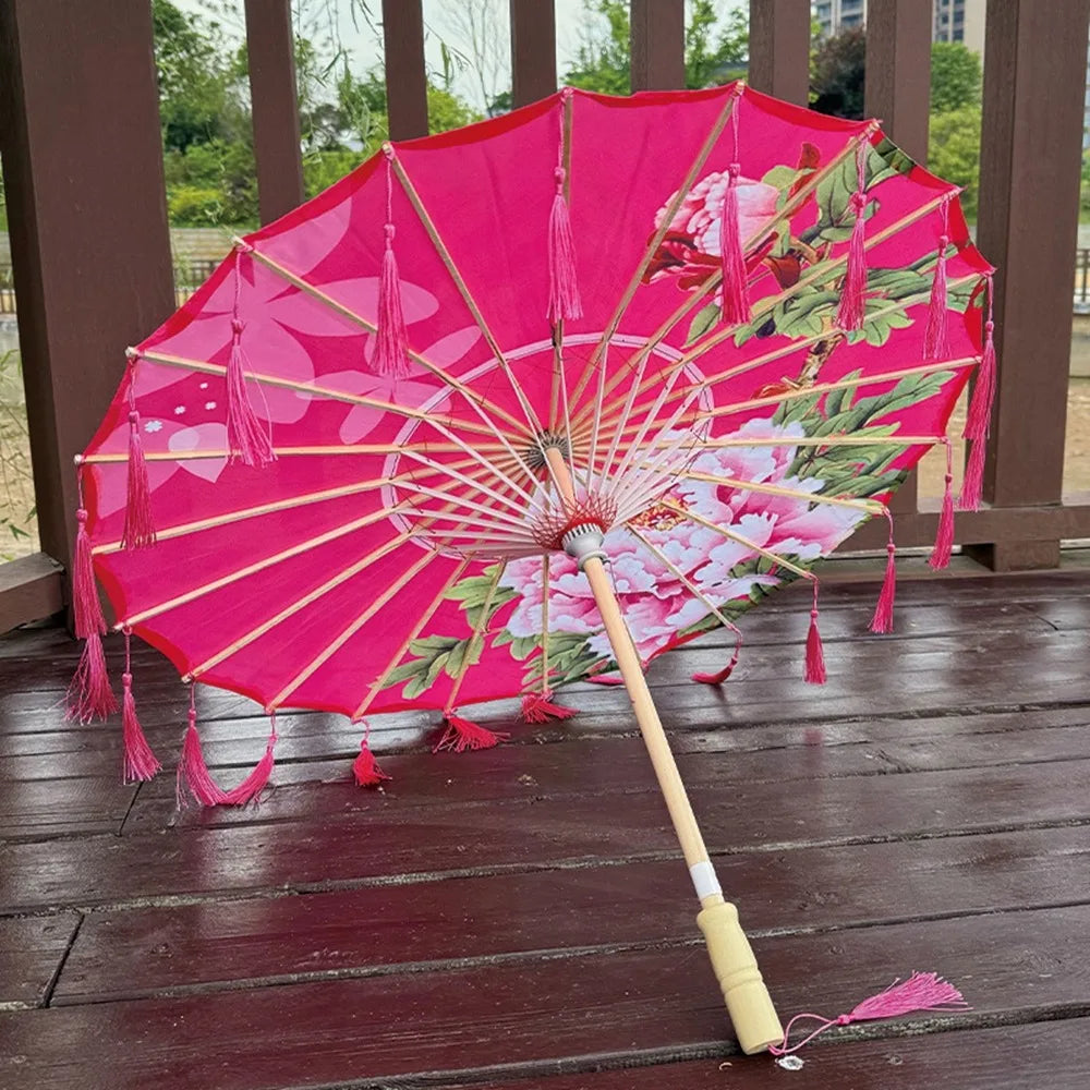 70cm Silk Fabric Tassel Umbrella Handheld Chinese Style Ancient Dance Umbrella Rainproof Decorative Classical Oil Paper Umbrella