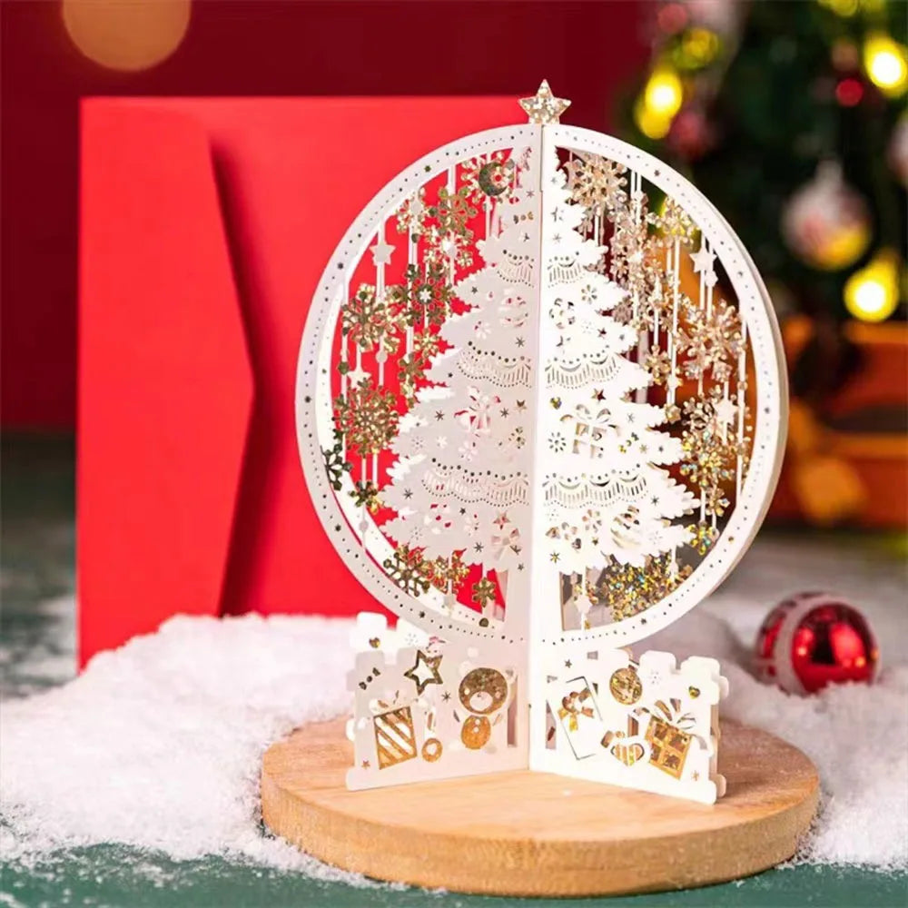 Paper Christmas 3D Greeting Card Gold Plated with Envelope Merry Christmas Blessing Cards Ornaments Craft Paper Carving Postcard