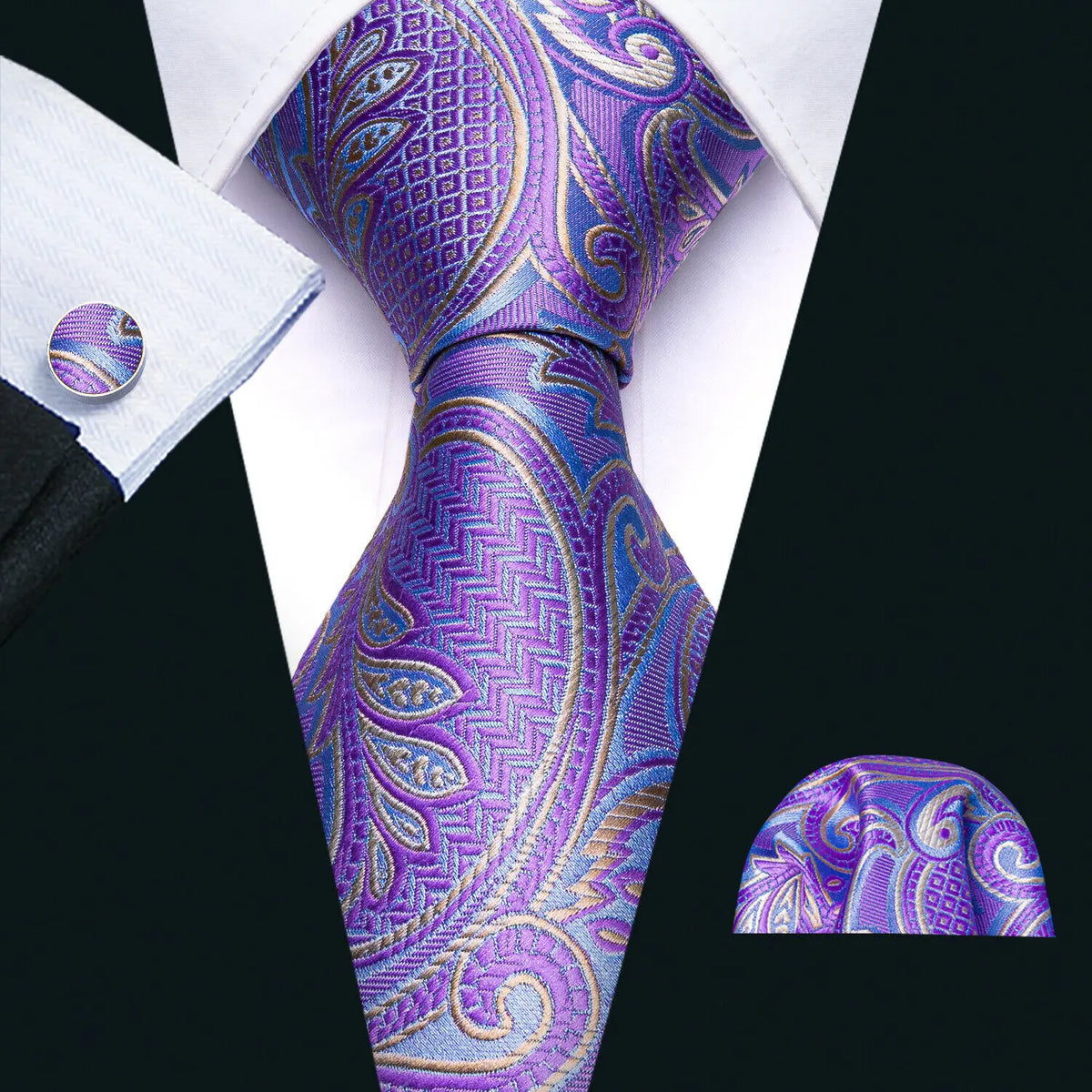 Male Gift Men Tie Set Purple Violet Solid Paisley Striped Wedding Business Tie for Man Necktie Handky Cufflinks Barry.Wang