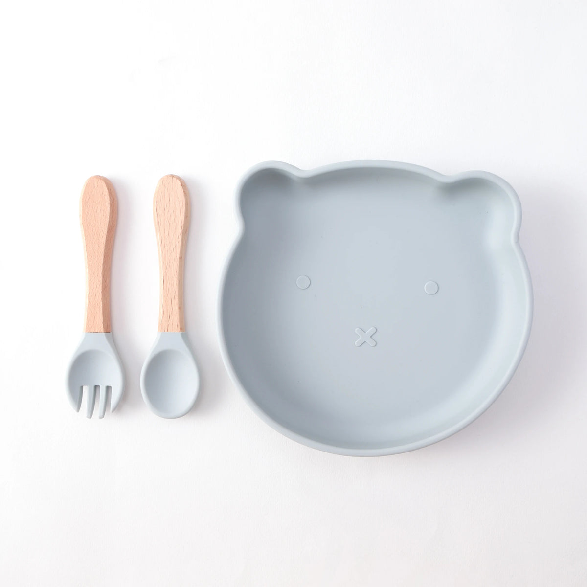 Color Kids 3PCS Cartoon Bear Silicone Feeding Set Sucker Bowl Wooden Handle Spoon Fork BPA Free Infant Self Feeding Gifts