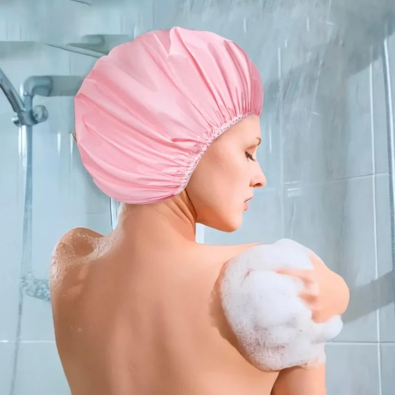 Cuffia doccia antiscivolo in plastica riutilizzabile, cuffia per capelli da bagno con elastico