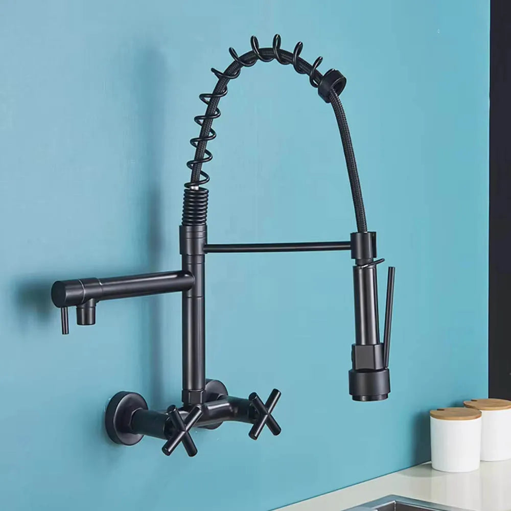 Matte Black Wall Mounted Kitchen Faucet Hot Cold Water Mixer Tap For Kitchen Pull Down Spray 360 Rotation Kitchen Mixer Taps