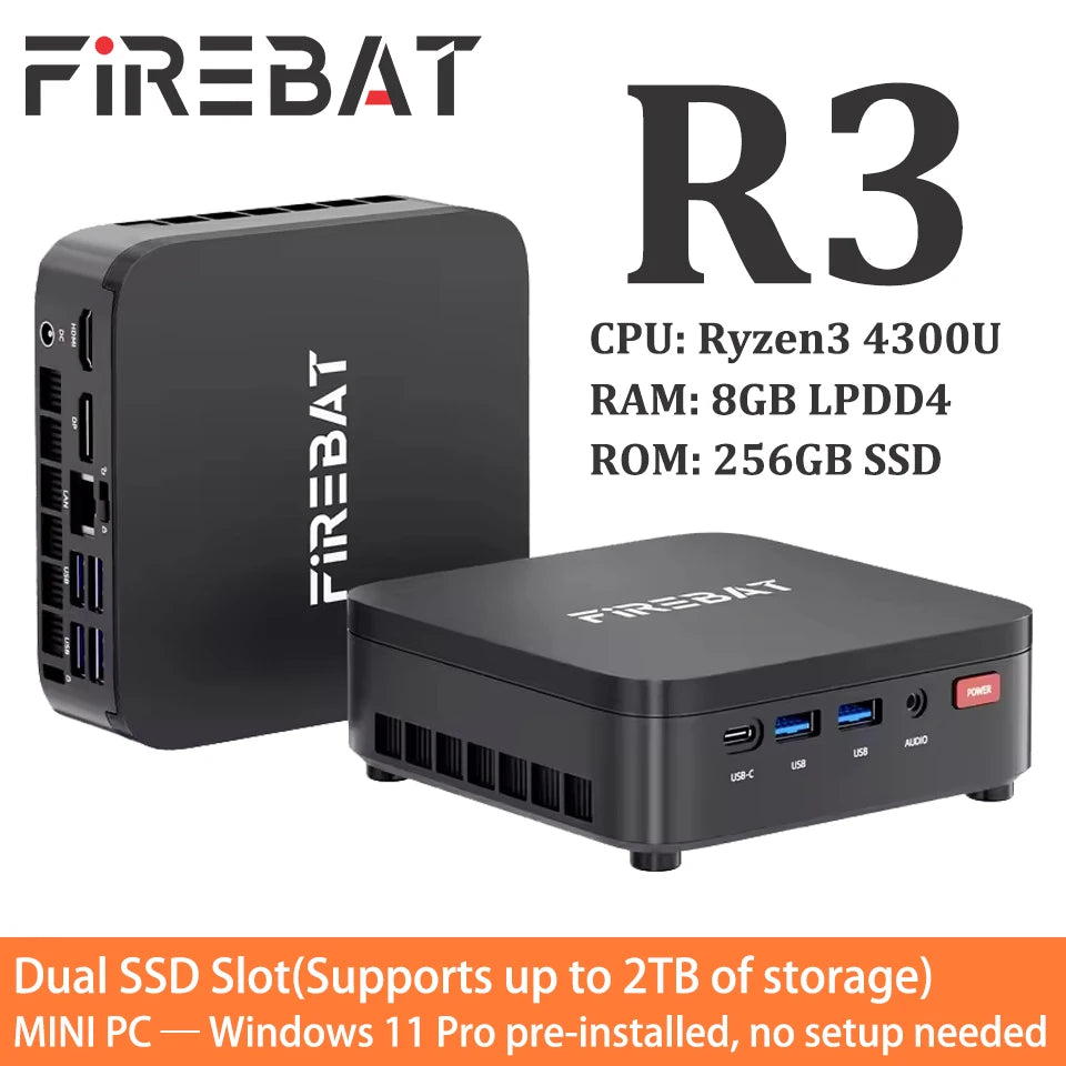 FIREBAT Mini PC R3 AMD Ryzen 3 4300U LPDDR4 8GB 16GB RAM 256GB 512GB SSD Windows11 Pro Wifi6 BT5.2 Support 4K 60Hz Desktop Computer