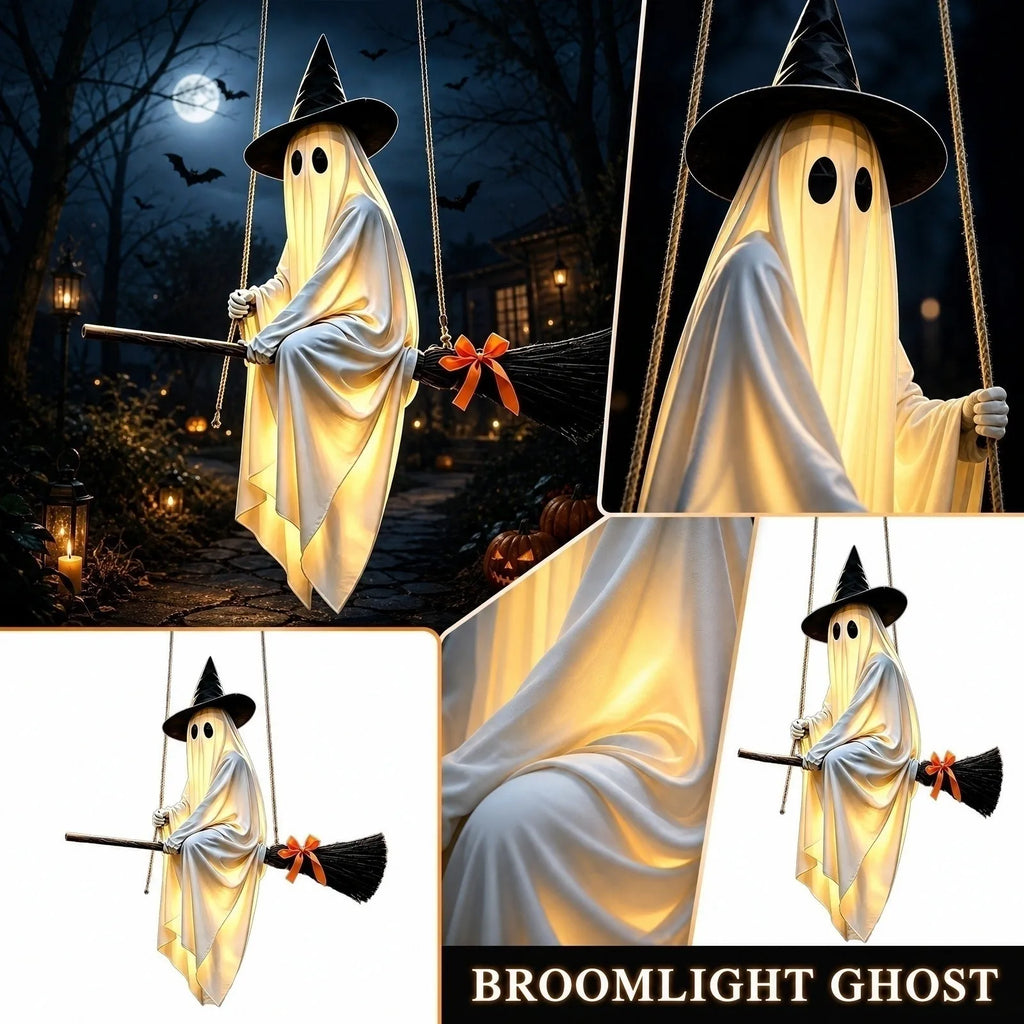 Halloween Porch Decor Glowing Swinging Ghost Prop Halloween Hanging Swing Ghost Decoration with Witch Hat Light-up for Yard