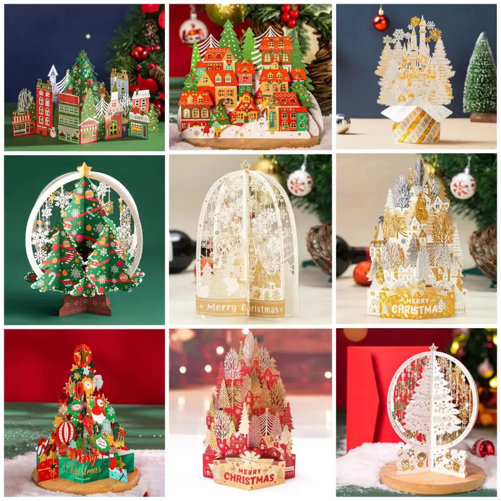 Paper Christmas 3D Greeting Card Gold Plated with Envelope Merry Christmas Blessing Cards Ornaments Craft Paper Carving Postcard